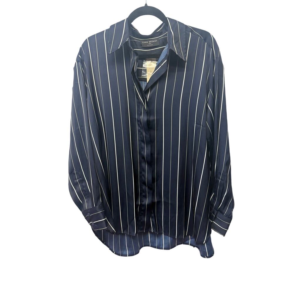 Lane Bryant Navy White Stripe Button Down Shirt Blouse Top 10 12 Plus Size